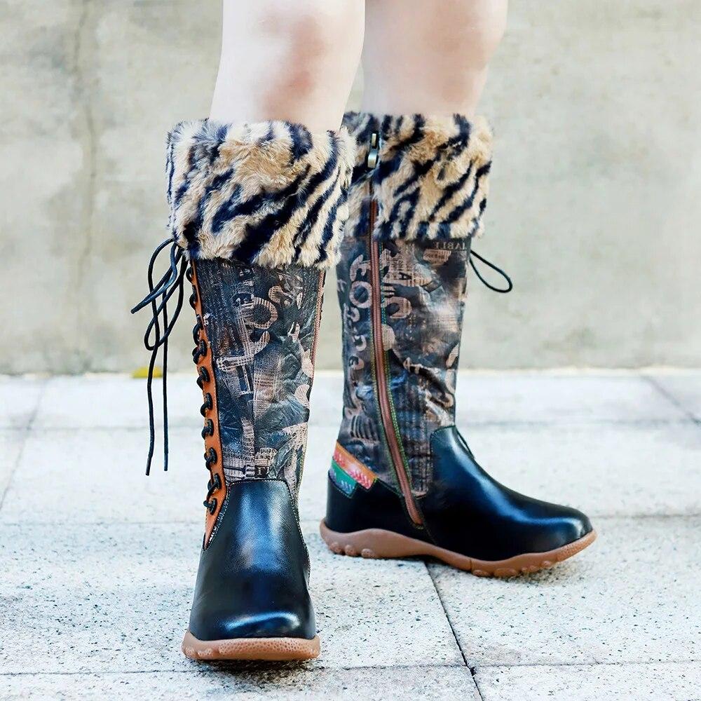Johnature Genuine Leather Patchwork Printed Long Boots Fashion Versatile Leopard Print Fur Collar Women Shoes