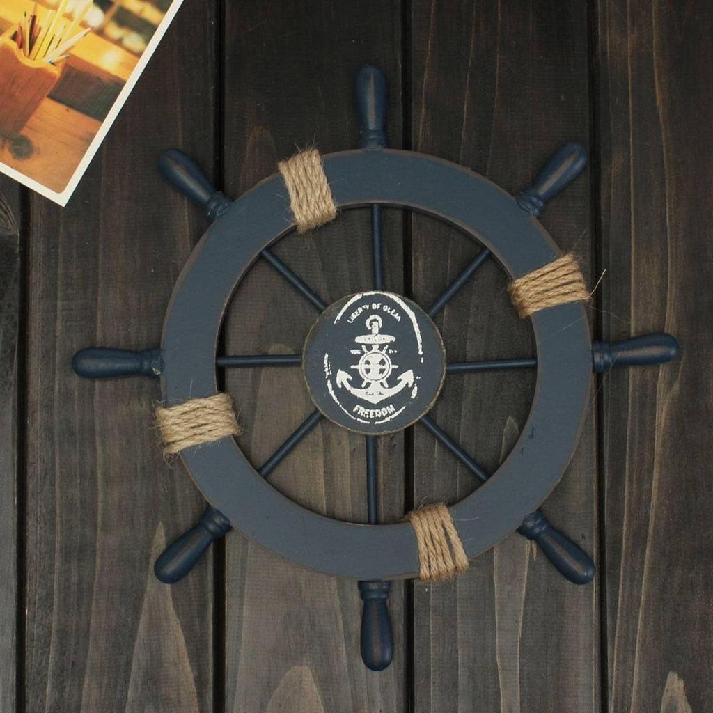 Rosenice Wooden Ship Wheel Nautical Boat Ship Wheel Wall Decor Dark Blue