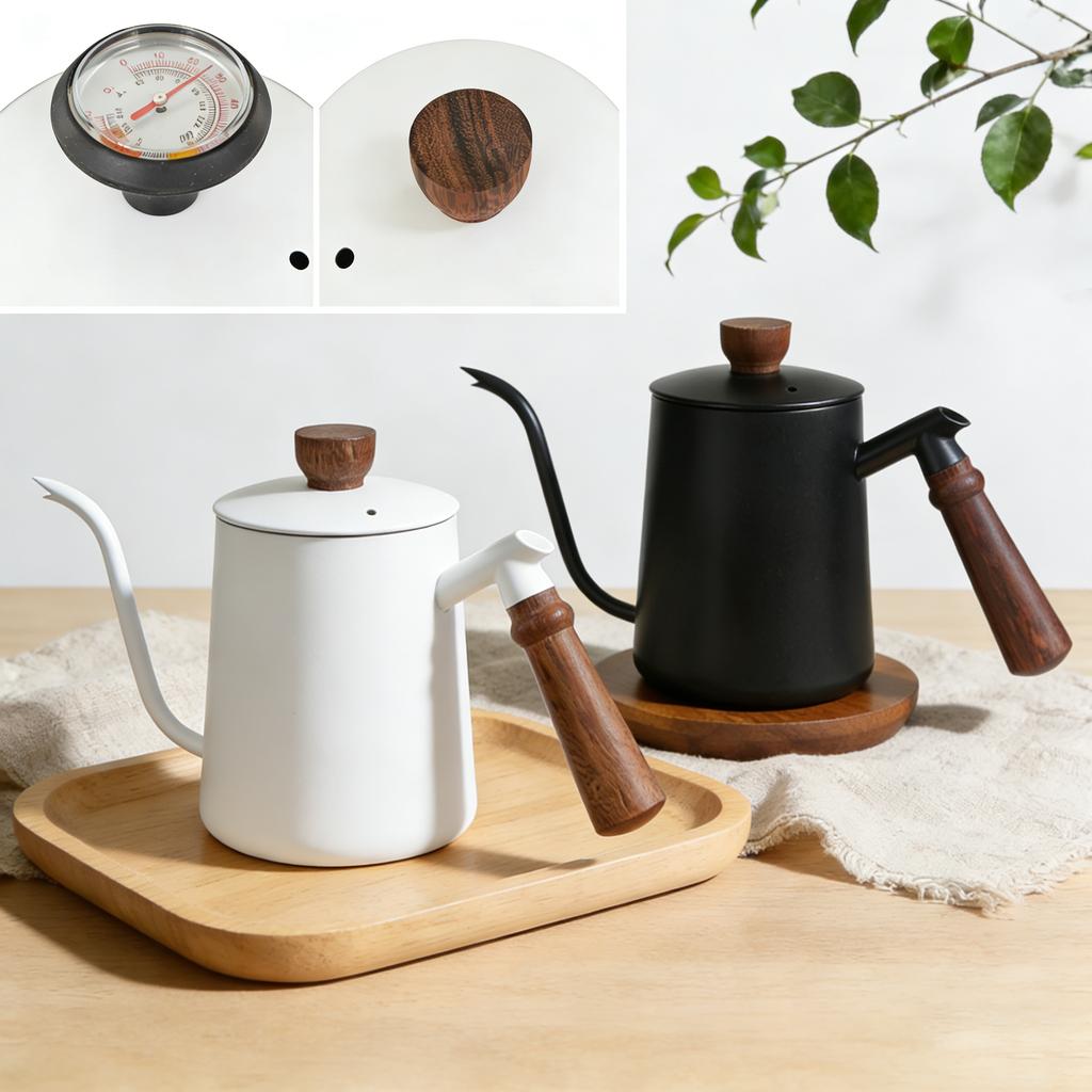 Coffee Pot with Lid Thermometer 304 Stainless Steel Clear Scale Solid Wood Handle High Quality Hand-made Coffee Utensils 600ML