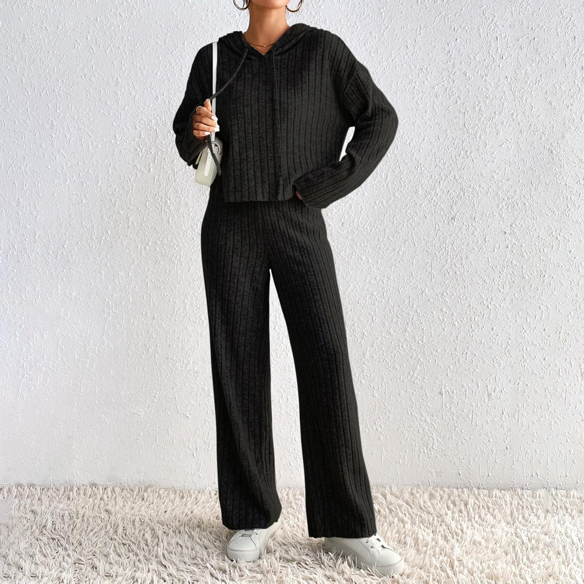 

Женский повседневный модный комплект из двух предметов: водолазка, трикотажный свитер с длинным рукавом и штаны L чёрный