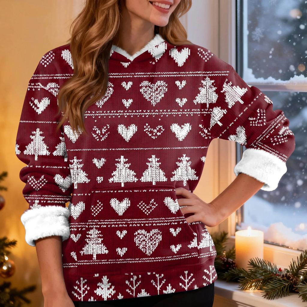 Women's Fashion Casual Long Sleeve Christmas Printed Hooded Sweatshirt