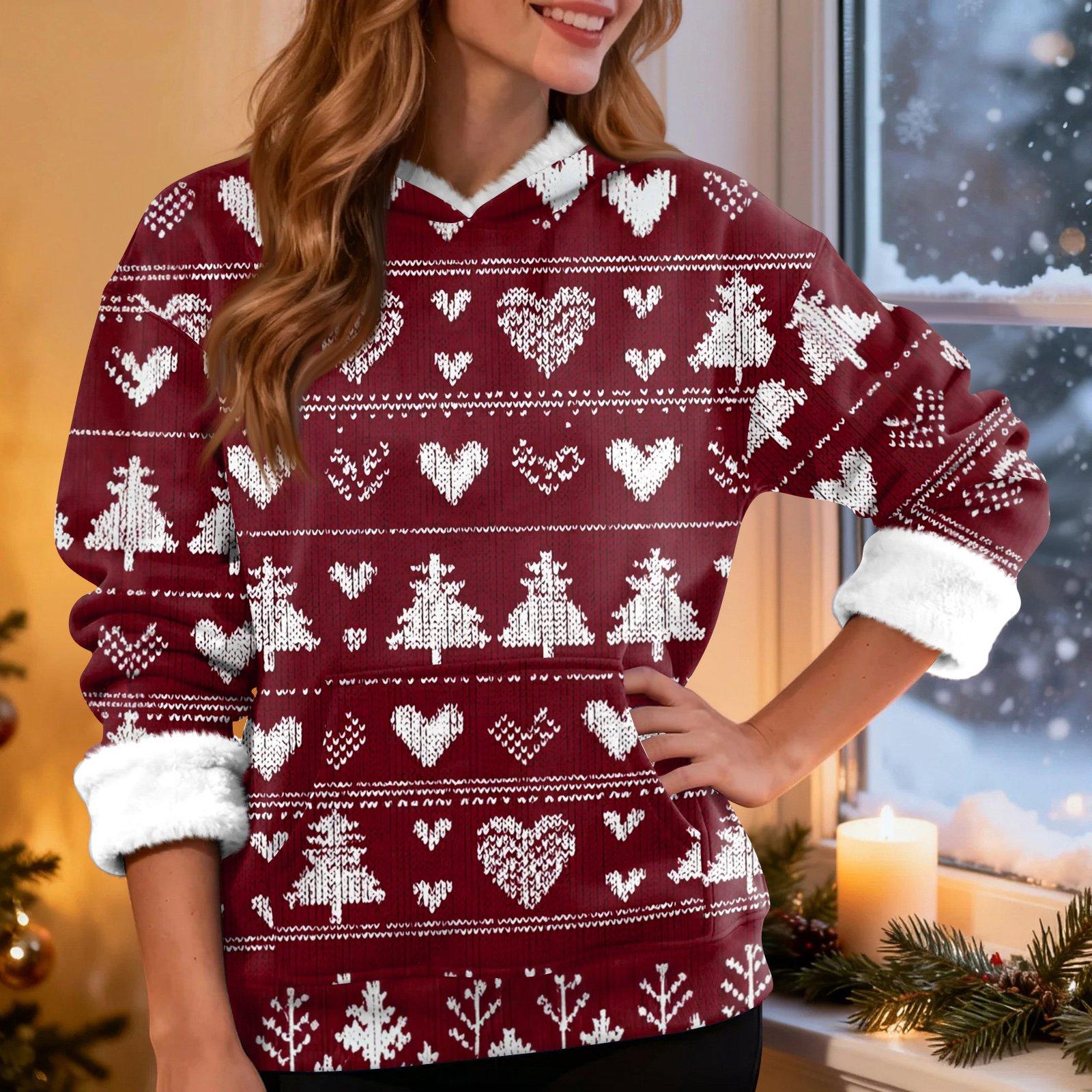 

Женская модная повседневная толстовка с капюшоном и длинным рукавом с рождественским принтом XXL винный