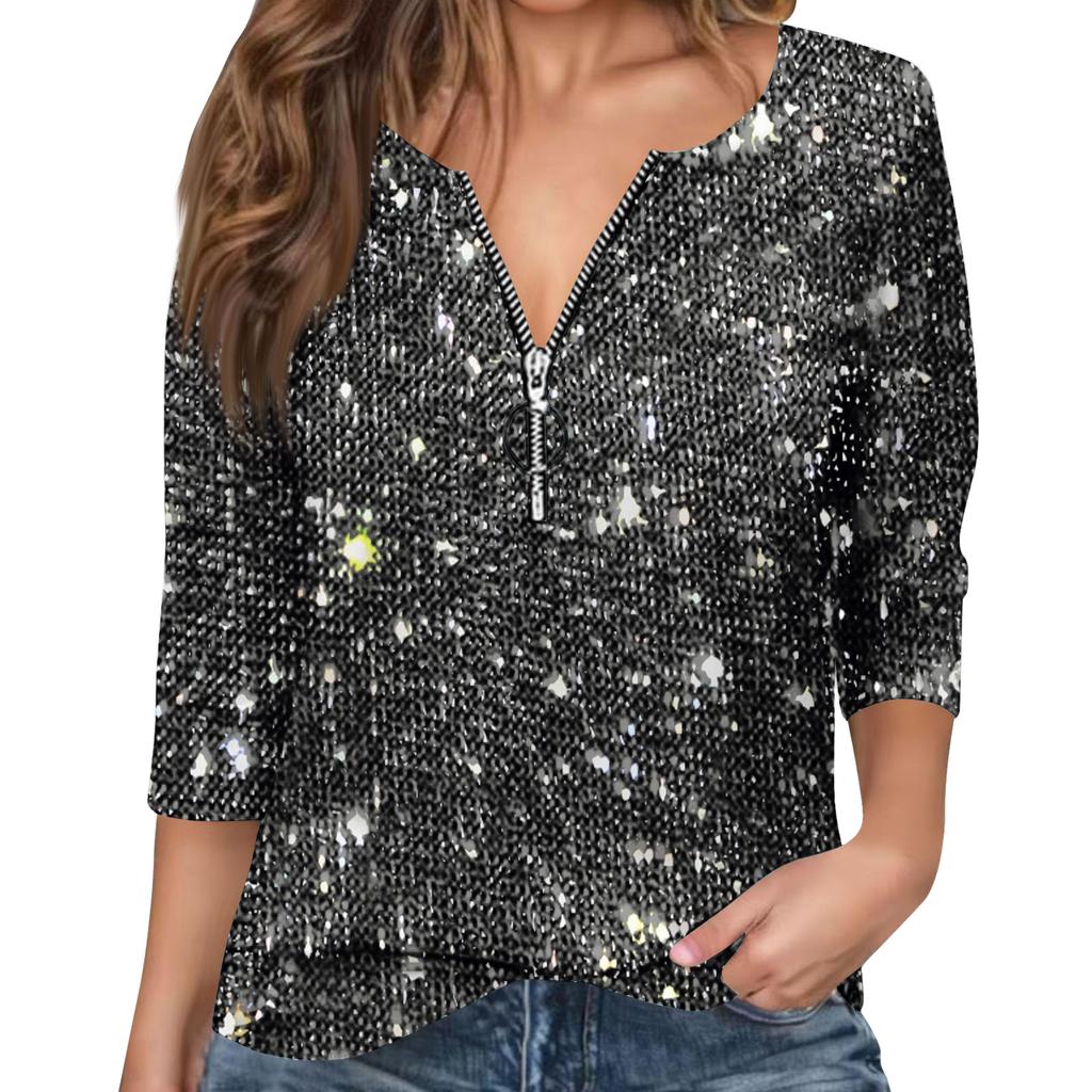 Women's Fashion Long,Sleeve Half,Zip Sequined Top