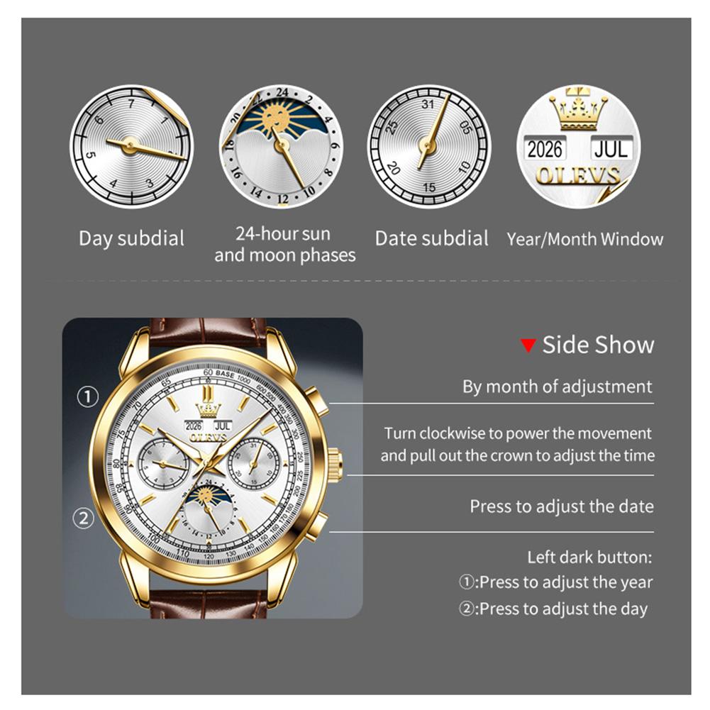 OLEVS 7117 New Automatic Man Watch Luxury Fashion Leather Strap Mechanical Watches for Men 24 Hour Moon Phase Calendar Men Watch