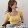 Women's Korean Square Collar Solid Short Sleeve Knitted Slim Pullover T-Shirt