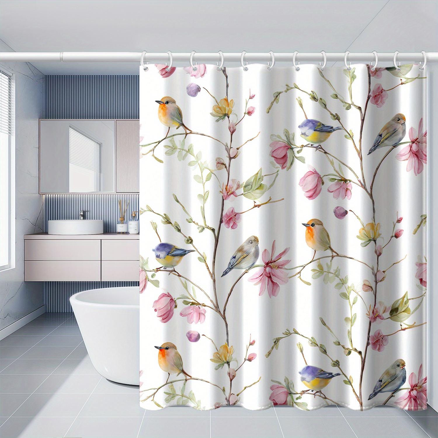 Annier 1Pc Flower Branch Bird Print Shower Curtain, With Hooks, Windows And Walls, Bathtub, Bathroom Home Decoration Shower Curtain
