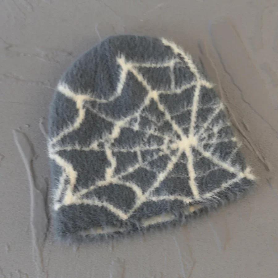 Fashion Plush Knit Spider Web Design Hat For Men Women Pullover Pile Cap Y2K Goth Warm Beanie Hats New Hip-Hop Street Cap