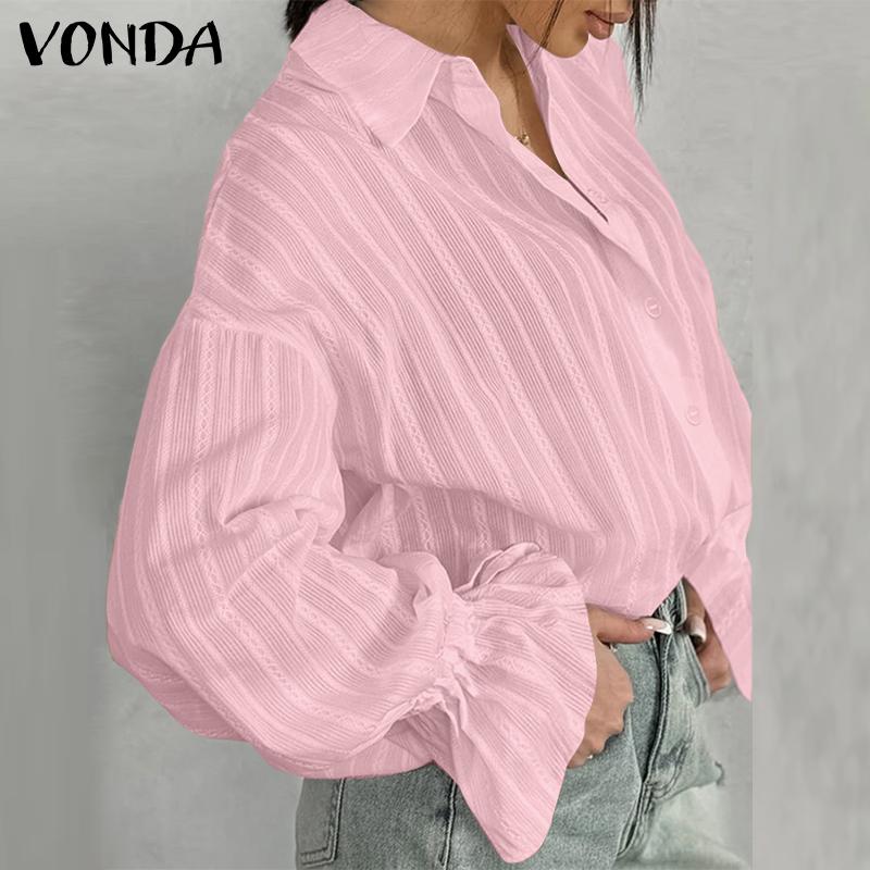 VONDA Women Fashion Solid Color Shirt Collar Striped Ruffle Long Sleeve Shirts