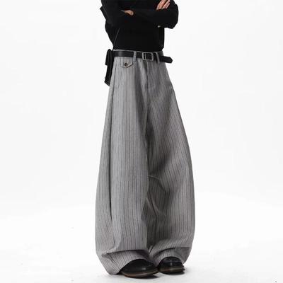 Calças de Moda Cinza Risca de Giz Cintura Alta Perna Larga Roupa Masculina Calças Largas Streetwear Avant-Garde Calças Casuais Novas