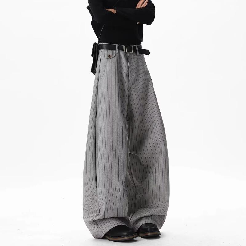 Pantaloni eleganti grigi gessati a vita alta a gamba larga abbigliamento uomo pantaloni larghi streetwear d'avanguardia pantaloni casual nuovi