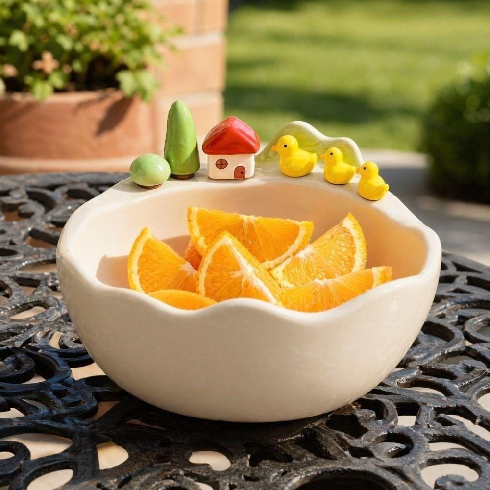 Cartoon Fruit Bowl with Fork Ceramic Decoration Fruit Storage Tray Large Capacity Stainless Steel Fork Fruit Serving Plate