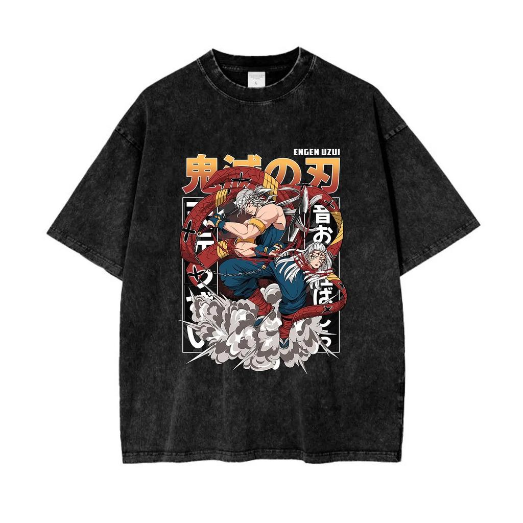 Tianyuan Yushi Ghost Hunter Blade Mineral Water Wash T-shirt Retro Anime T-shirt with Ghost Hunter Blade Retro Pattern