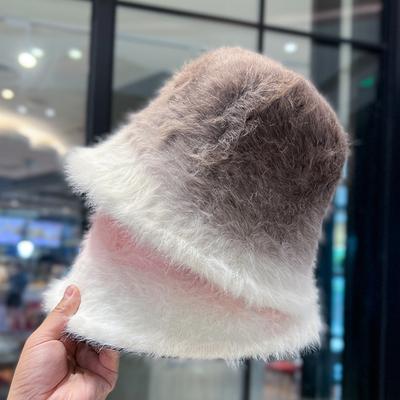 Winter Rabbit Hair Gradual Change Rainbow Fisherman Hat Children Autumn and Winter Warm Cold Show Washbasin Hat Knitted Bucket Hat