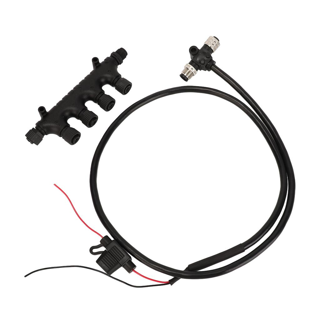 Kabel NMEA2000 z 4-portowym złączem T, bezpiecznikiem 3A, 5-pinowym gwintem M12, długość 1m, wodoodporny IP67 dla sieci Lowrance