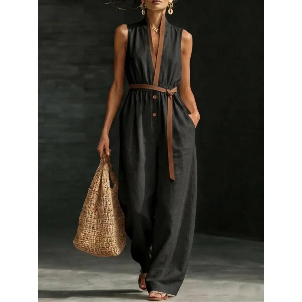 Women s V Neck Sleeveless Linen Blend Jumpsuit Loose Fit Mid Waist Wide Leg Casual Jumpsuit S чёрный