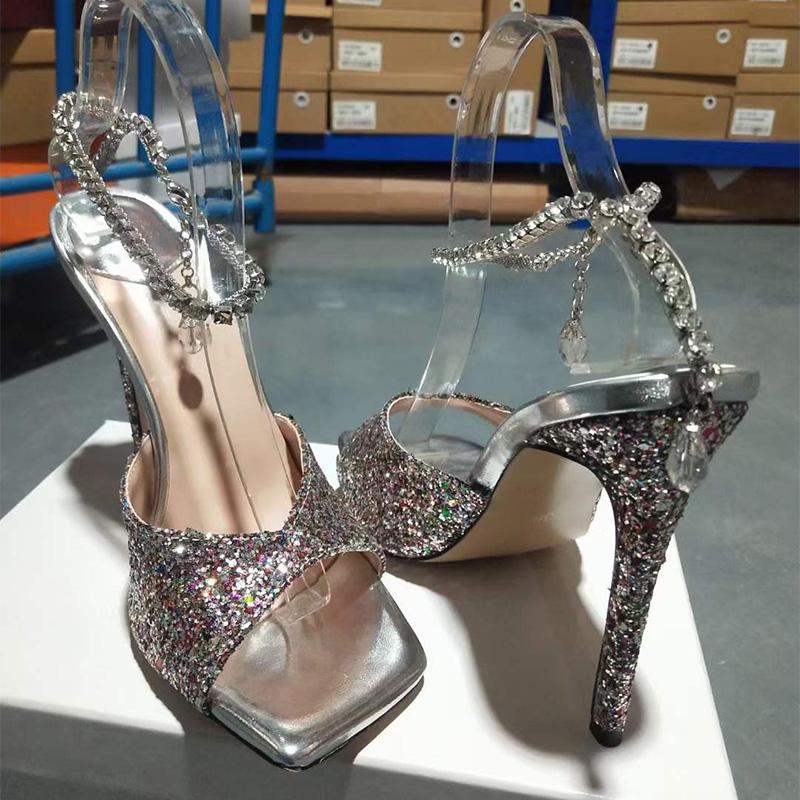 Fashion Colorful Chain Water Diamond Sandals Brand Walk Show Fish Mouth Evening Dress Elegant High Heels 2025 New Pendant Women's Shoes