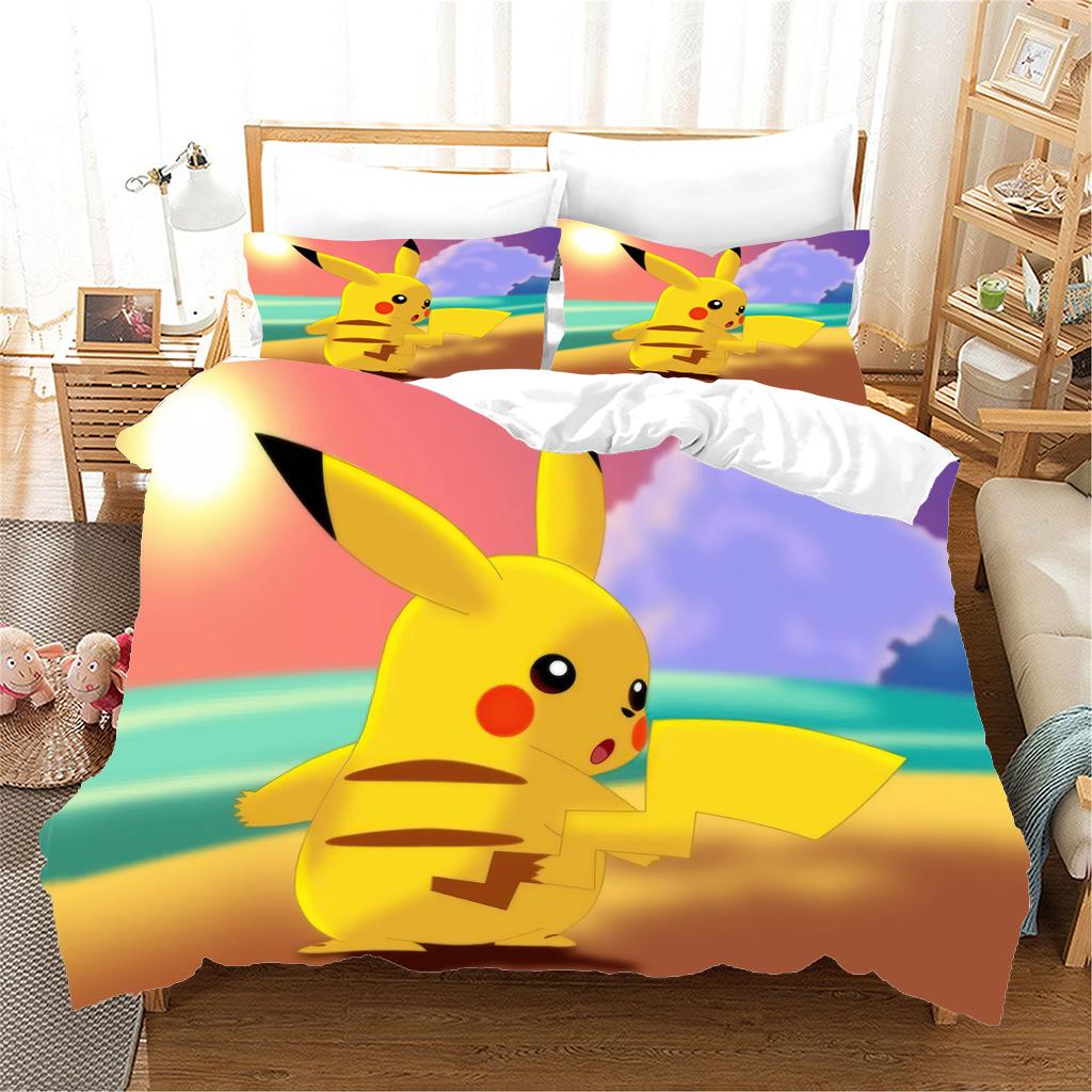Anime P-Pokémon Printed Bedding Set New Ash Ketchum Pikachu Duvet Cover Comforter Pillowcase Boys Girls Children Adults King Gif