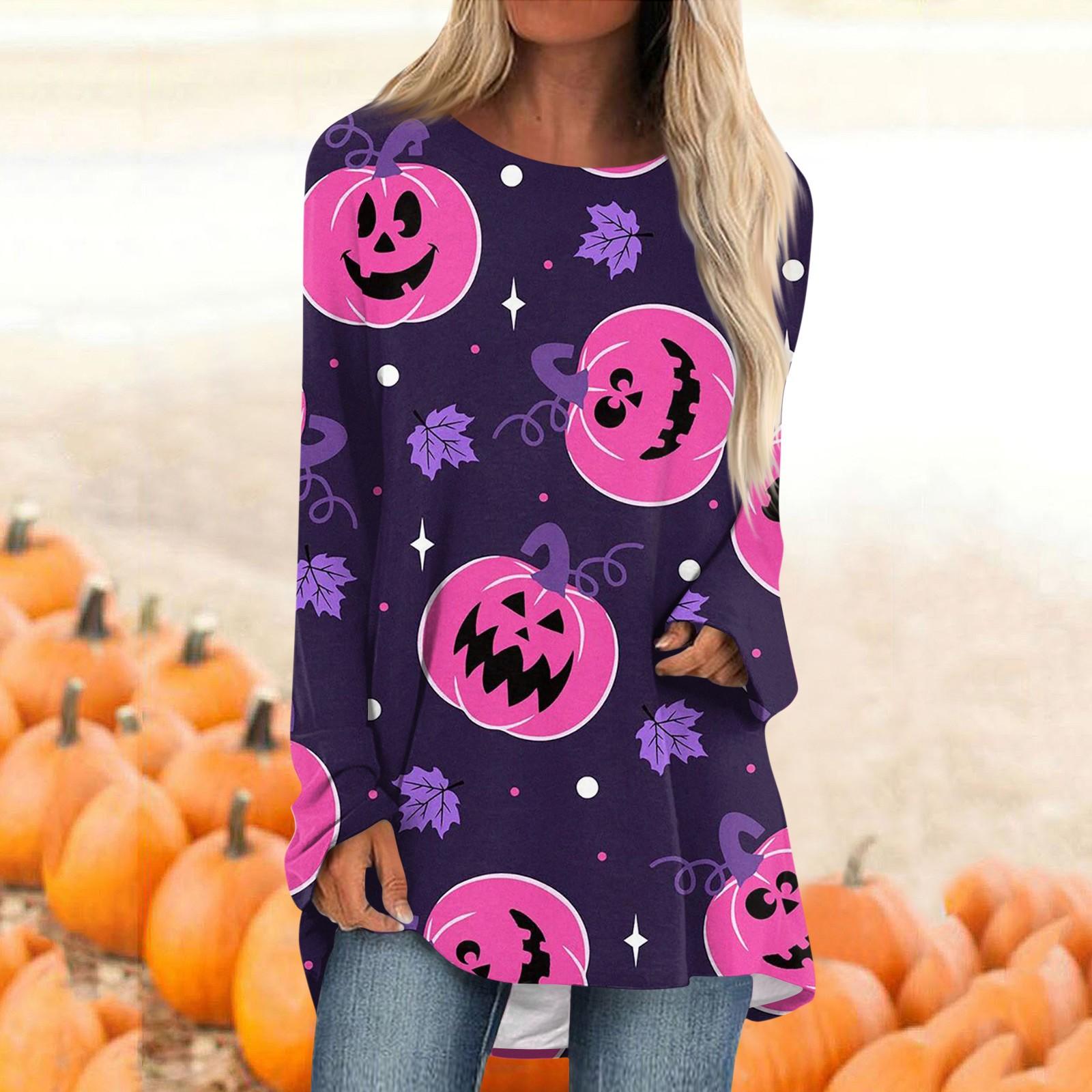 

Женская модная повседневная футболка с градиентом Хэллоуина и принтом, длинный рукав, круглый вырез, средний длинный топ M фиолетовый