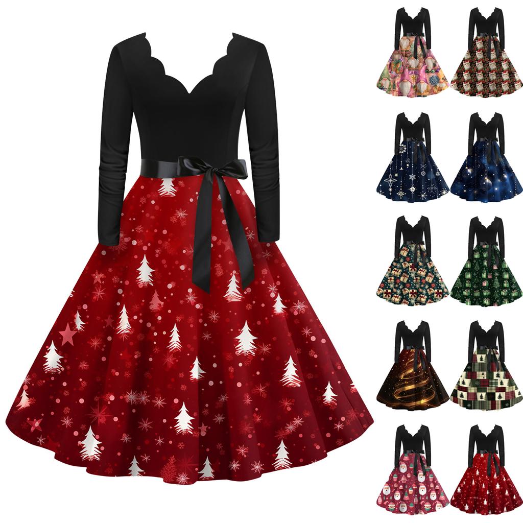 Vestido retrô feminino casual com decote em V e manga comprida, estampa retrô de Natal
