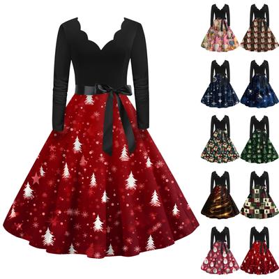 Vestido retrô feminino casual com decote em V e manga comprida, estampa retrô de Natal