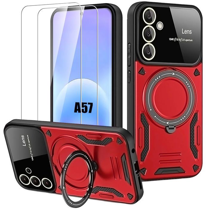 Coque pour Samsung Galaxy A57 5G, Antichoc avec Cercle Magnétique - Rouge - 2 Verres Trempés