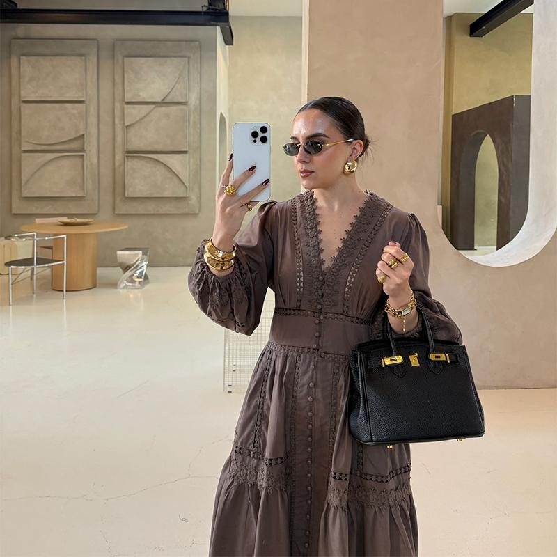 Elegant Lace Hollow Out Women's Long Dress Solid V-neck Patchwork Puff Sleeve Bodycon Dressess Female New Lady Robes