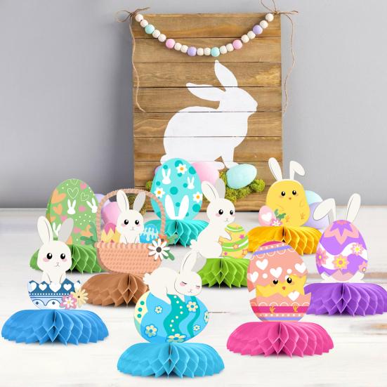 9 delar påskdekorationer med honungskaka och äggtema, bordsdekorationer för bordsfest, heminredning, festliga 3D-honungskakabolldekorationer