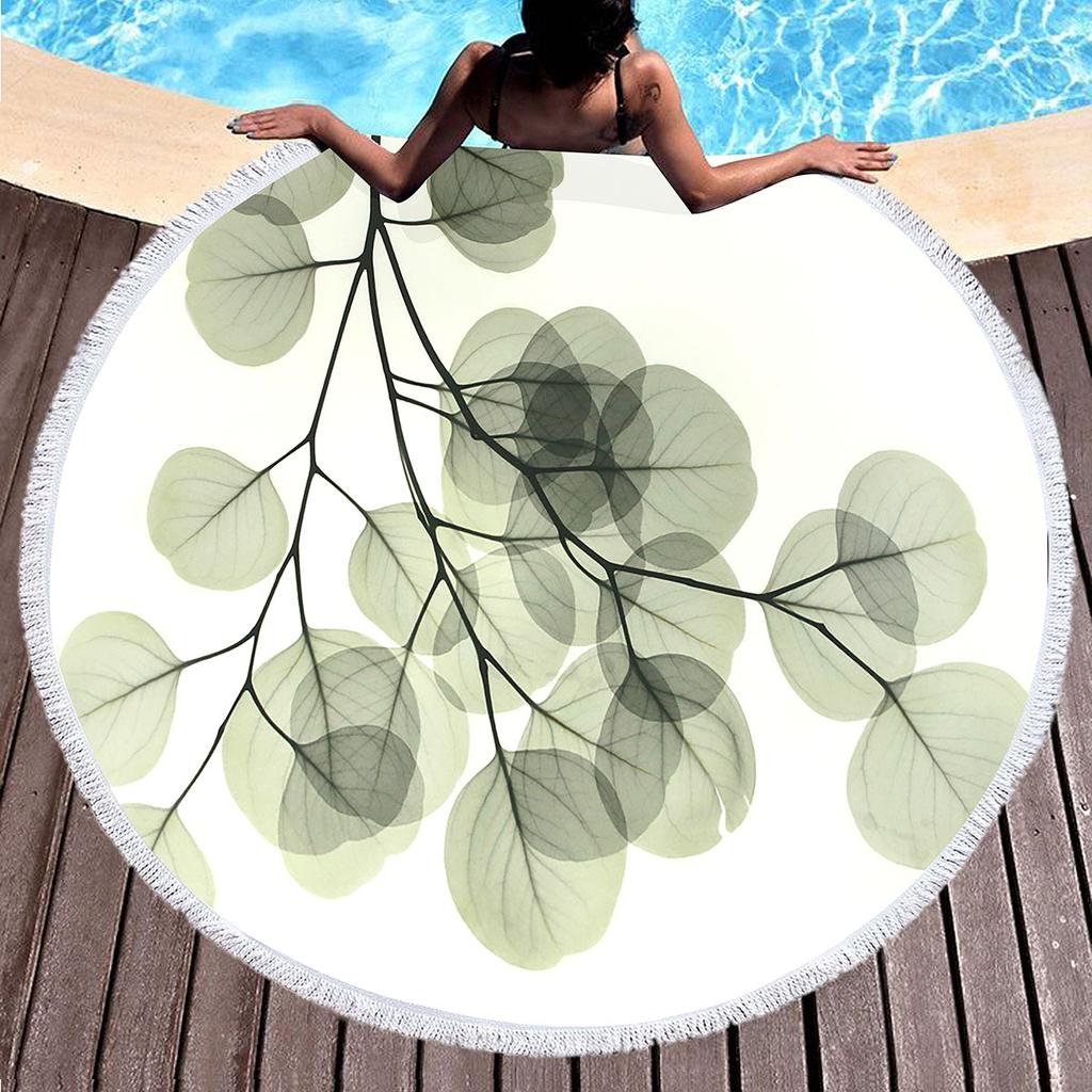 Summer Leaves Round Beach Towel Eucalyptus Leaf Garland Microfiber Beach Blanket Soft Absorbent Quick Dry Bath Towel Picnic Mat