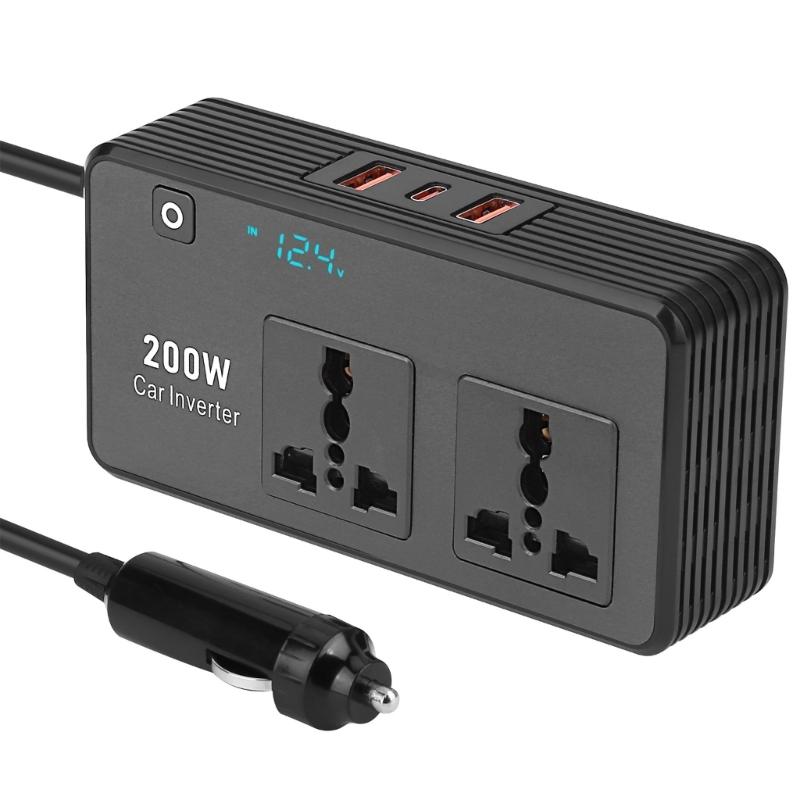Compact 200W Car Chargers Inverter With Voltage Monitor And Fast Charging USB C Outlet Car Power Inverter for Charging