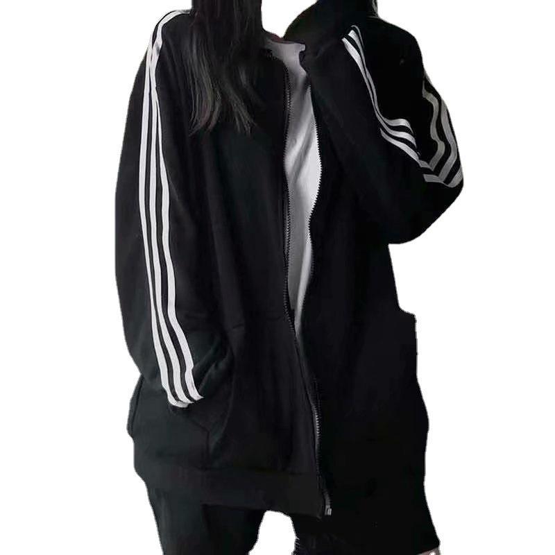 Men's Korean Style Long Sleeve Stand Collar Hoodie with Three Stripes for Spring and Autumn.