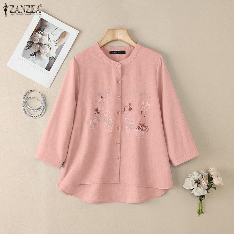 ZANZEA Women Embroidery Print Casual Round Neck Long Sleeve Blouse