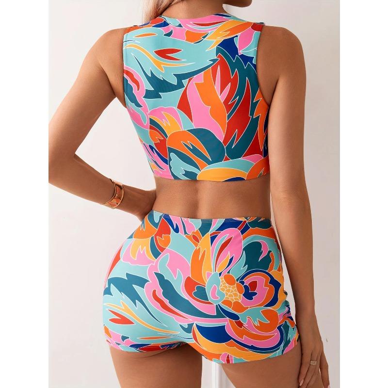 Vintage Orange Geometry Print Tankini Set 2026 Swimwear Women Zipper Push Up Sports Tank Top High Waist Shorts 2 Piece Swimsuit
