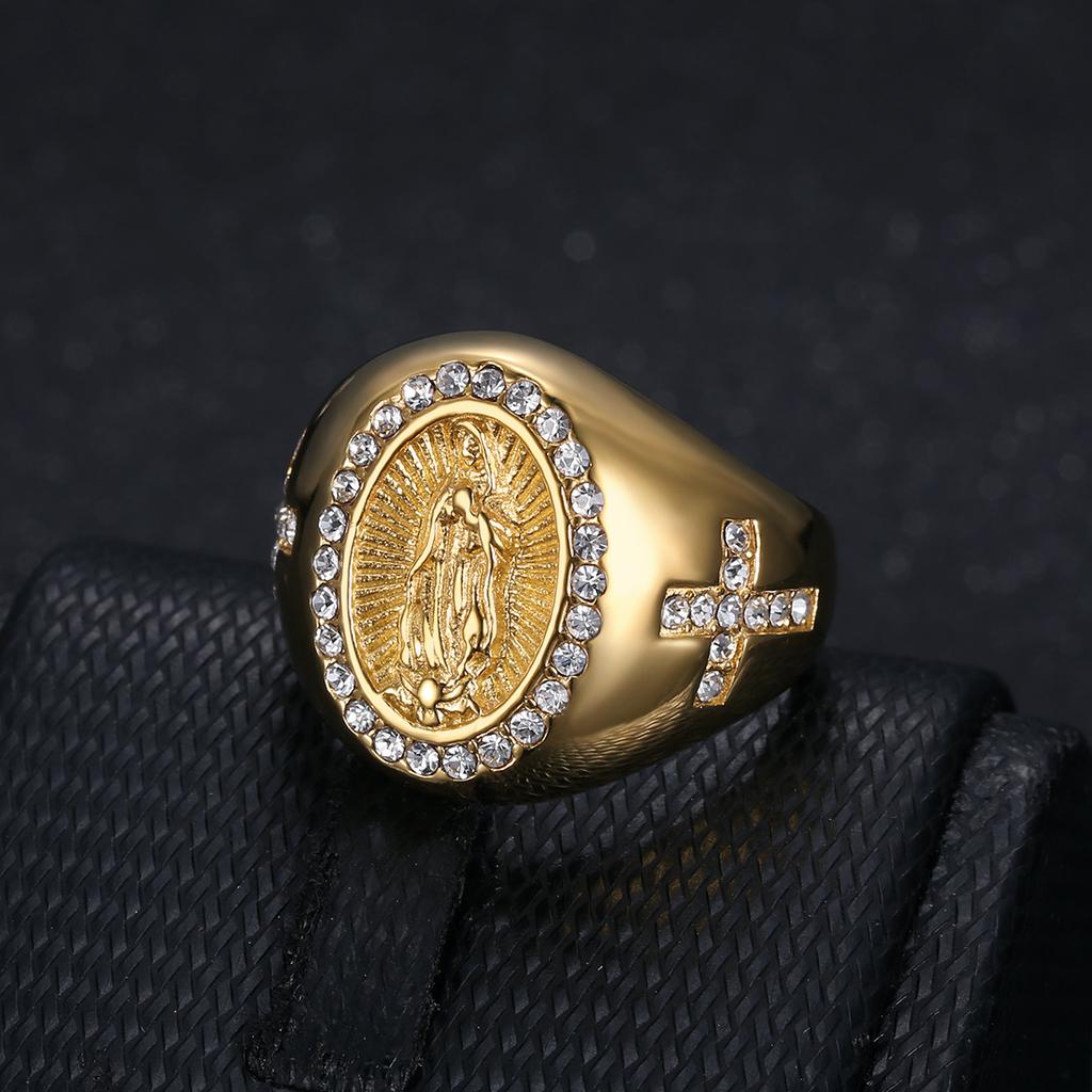 New Hip-Hop Jewelry Titanium Steel Gold-Plated Inlaid Diamond Virgin Mary Men's Ring