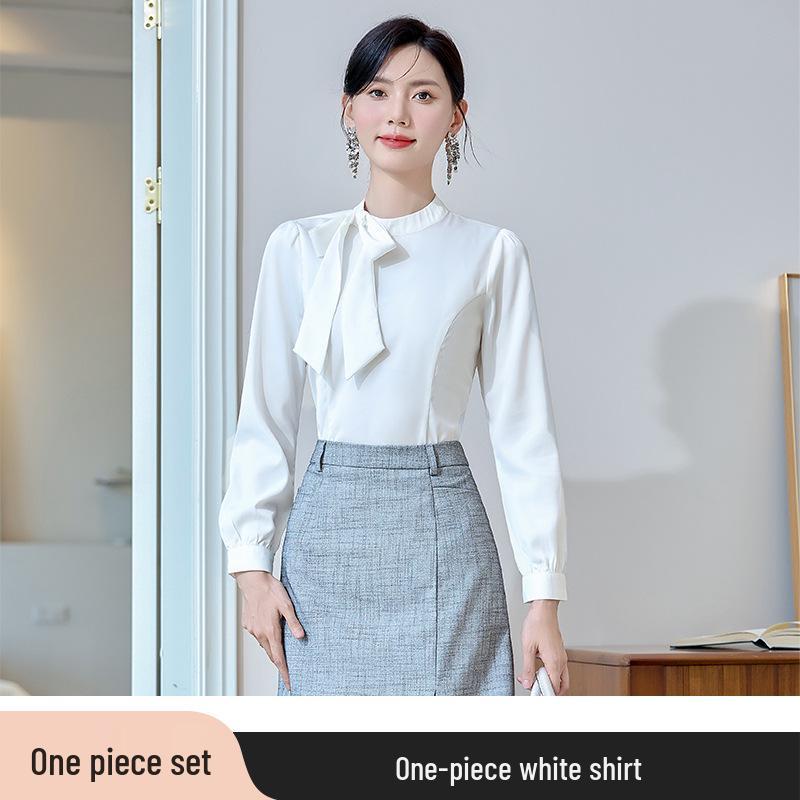 

Женская блузка из белого шифона с длинным рукавом и бантом - Элегантная, профессиональная и формальная осенняя одежда XXXL