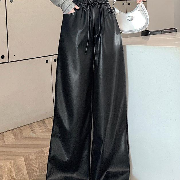 Damen Leder Kordelzug Weite Hosen - Herbst/Winter