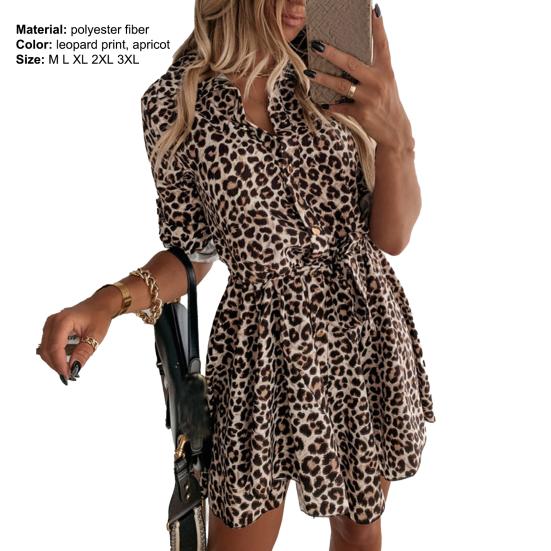 Shirt Dress Leopard Print Roll Up Sleeve Women Waist Tie Lapel Dress for Dating