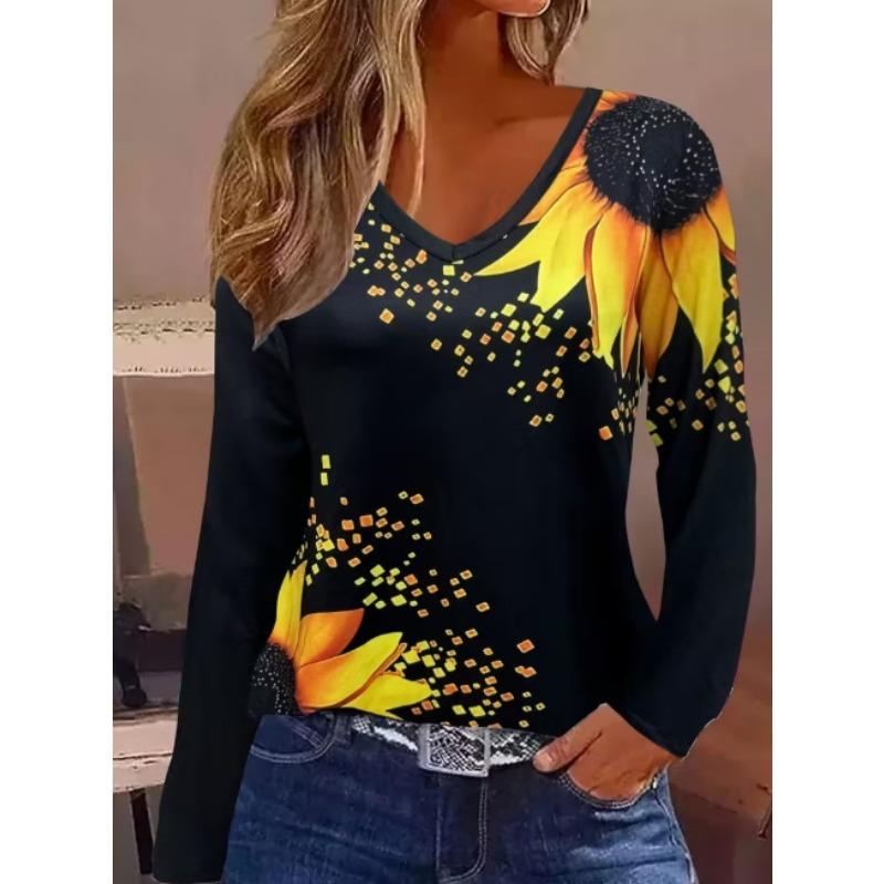 Vintage Women's T-Shirt Floral Graphic Plants Elegant Fashion Tee Long Sleeve T-shirts V-Neck Regular Tops Pullover Fall Winter