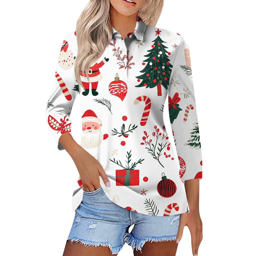 Women's Fashion Casual Lapel Short 3/4 Sleeve Christmas Print Shirt Women's Button Up Tops