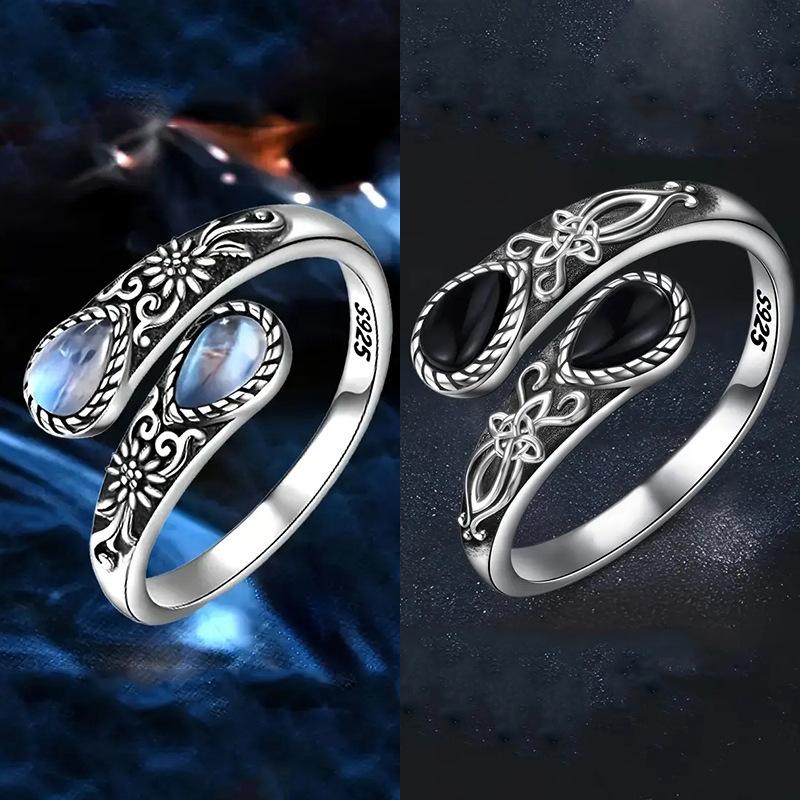 Wosikate Vintage Black Onyx Moonstone Ring For Women Fashion Jewellery  Copper Simple Finger Ring Adjustable Size