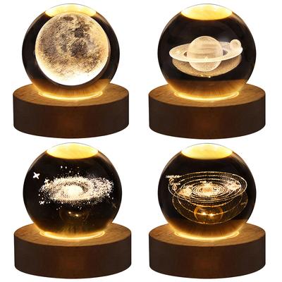 LED Crystal Ball Night Light Solar System Crystal Ball Glowing Glass Ball Night Lamp 3D Engraved USB Charging for Art Decoration