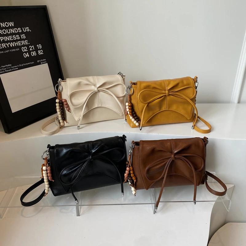 New Solid Color PU Bow Decorati Shoulder Bags  Sweet Small Square Bags  Sale Exquisite Youth Women's Crossbody Bags