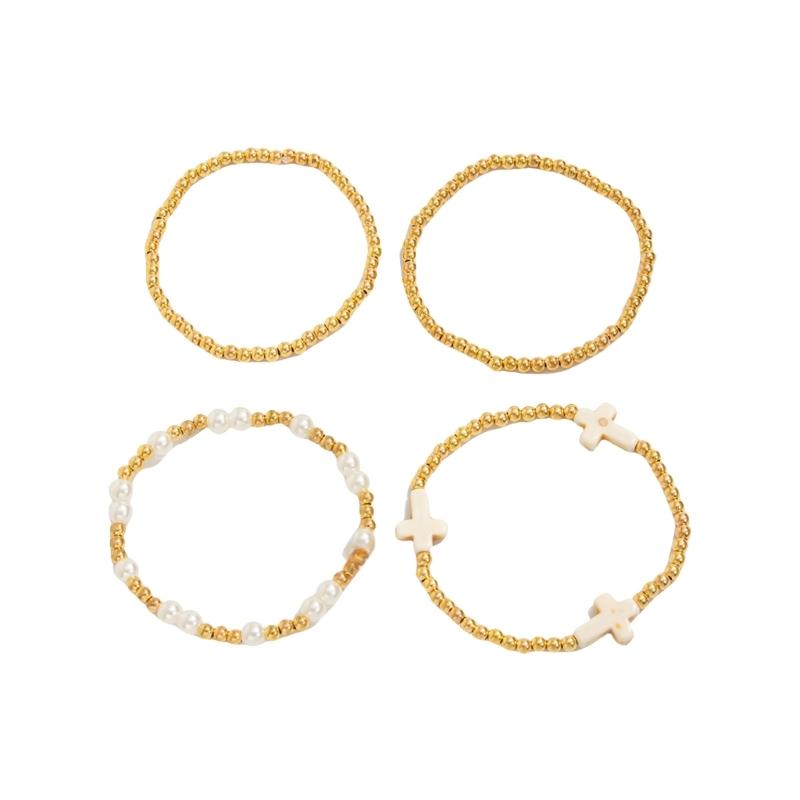 Hip Hop Styles Crosses Pendant Beaded Bracelet Set With Imitation Pearls for Layer Stackable Jewelry Gifts