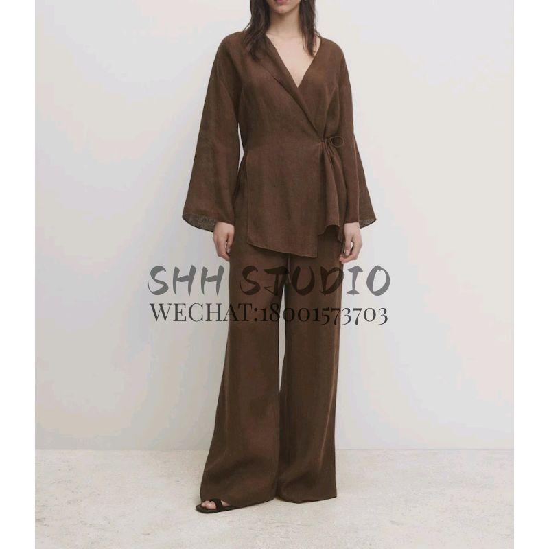 Linen Blend Kimono Cross Outwear 6078572 Retro Brown Elegant Wide Leg Pants 5057572