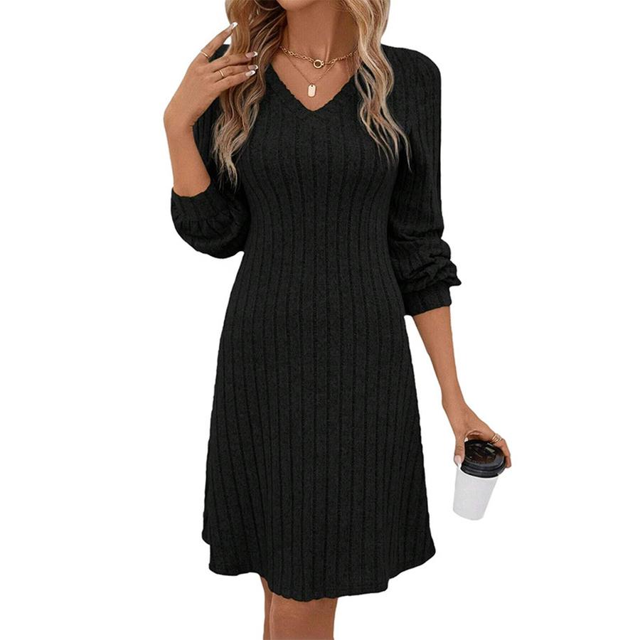 

Women s Fall Winter New V-Neck Cable Knit Long Sleeve Dress Top XXL чёрный