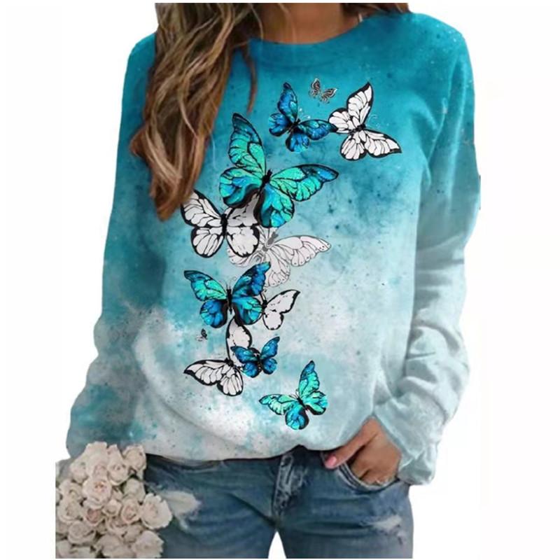 Neuer Herbst- und Winter Damen Floral Schmetterling Tierdruck Rundhals Kurz Langarm Hoodie