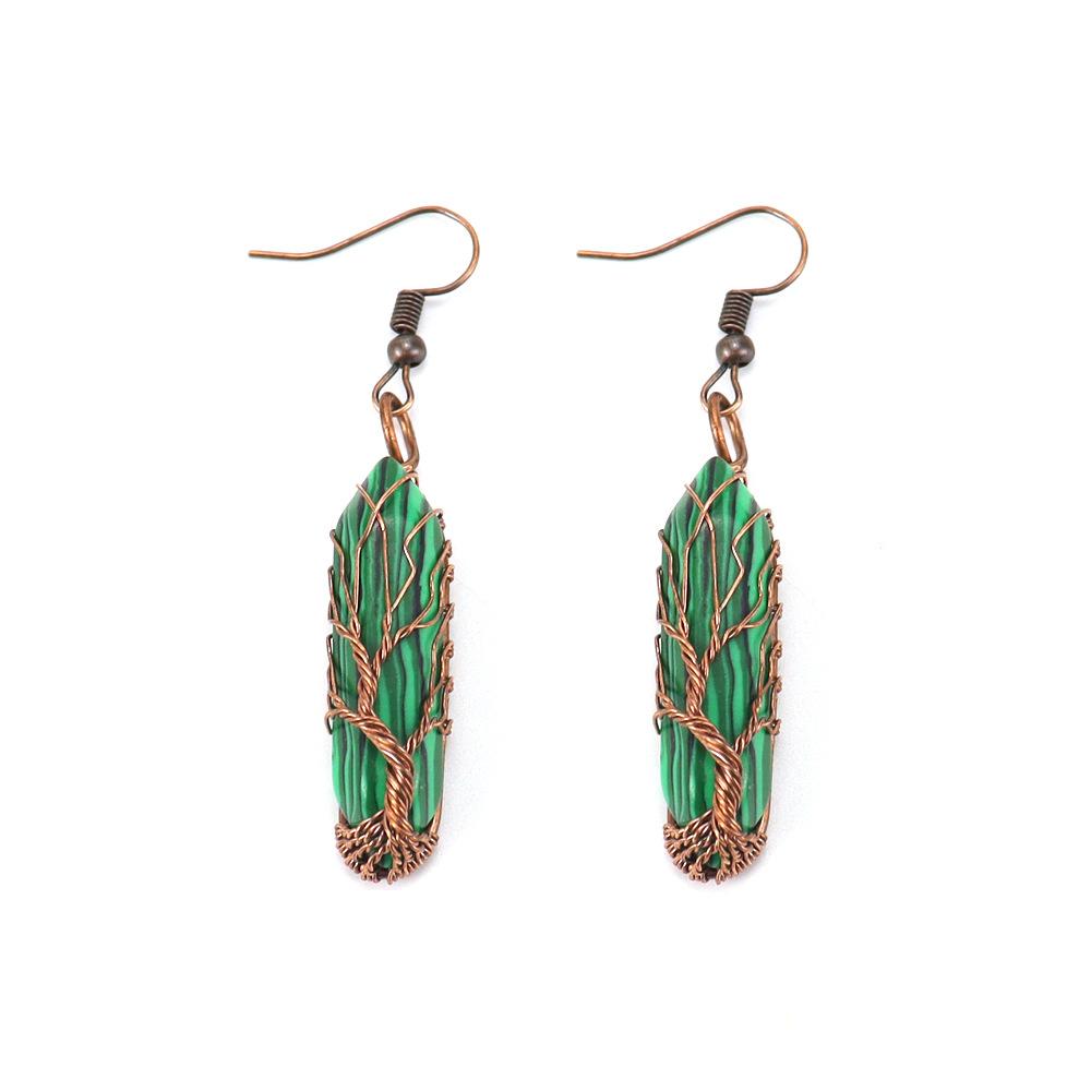 

Tiktok Live Stream Hand-Wound Crystal Natural Stone Hexagonal Column Hexagonal Prism Tree Of Life Earrings Earrings E41 малахітова зелень