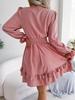 V Neck Solid Color Dress Waist Hugging  Elegant Fungus Dress for Women Long Sleeve Loose Dresses Causal Dress
