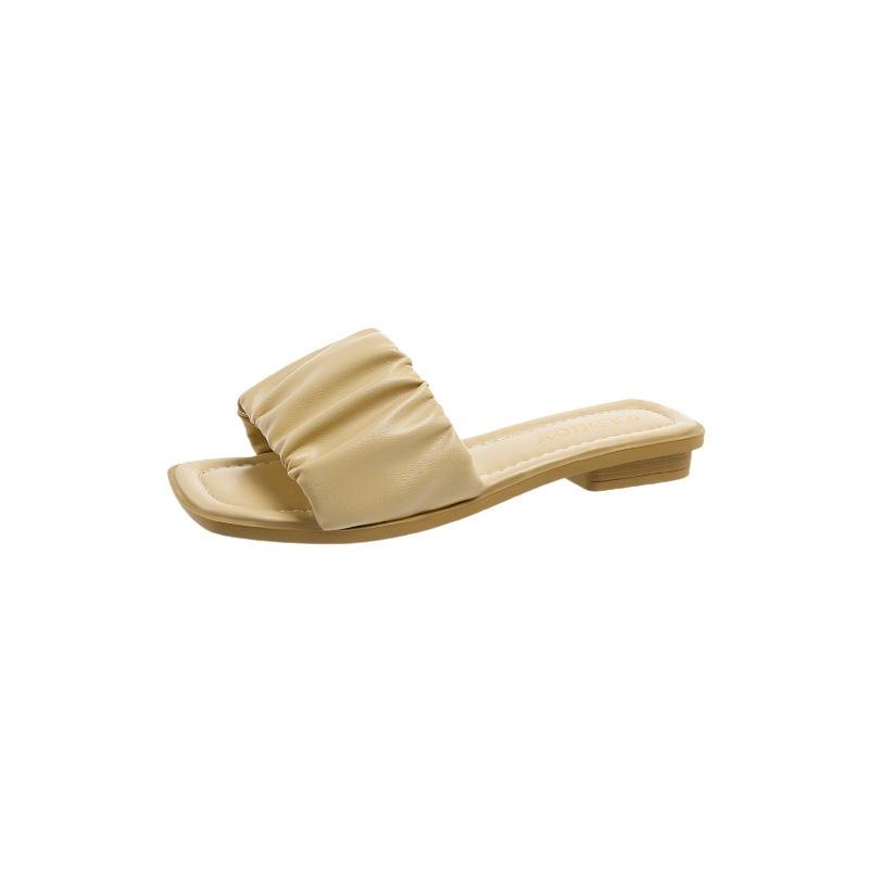 Cool slippers women's summer 2025 new Korean version pleated fashion one-word drag square head flat bottom low heel outer wear beach shoes women