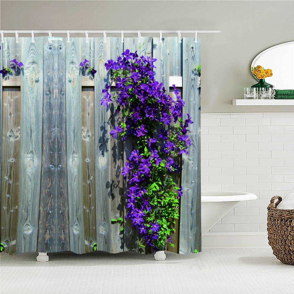 Vattentät Duschdraperi med Blommor Gräs Växt Stenmur för Badrum Badgardiner Extra Lång 180*200 CM 3d Duschdraperi