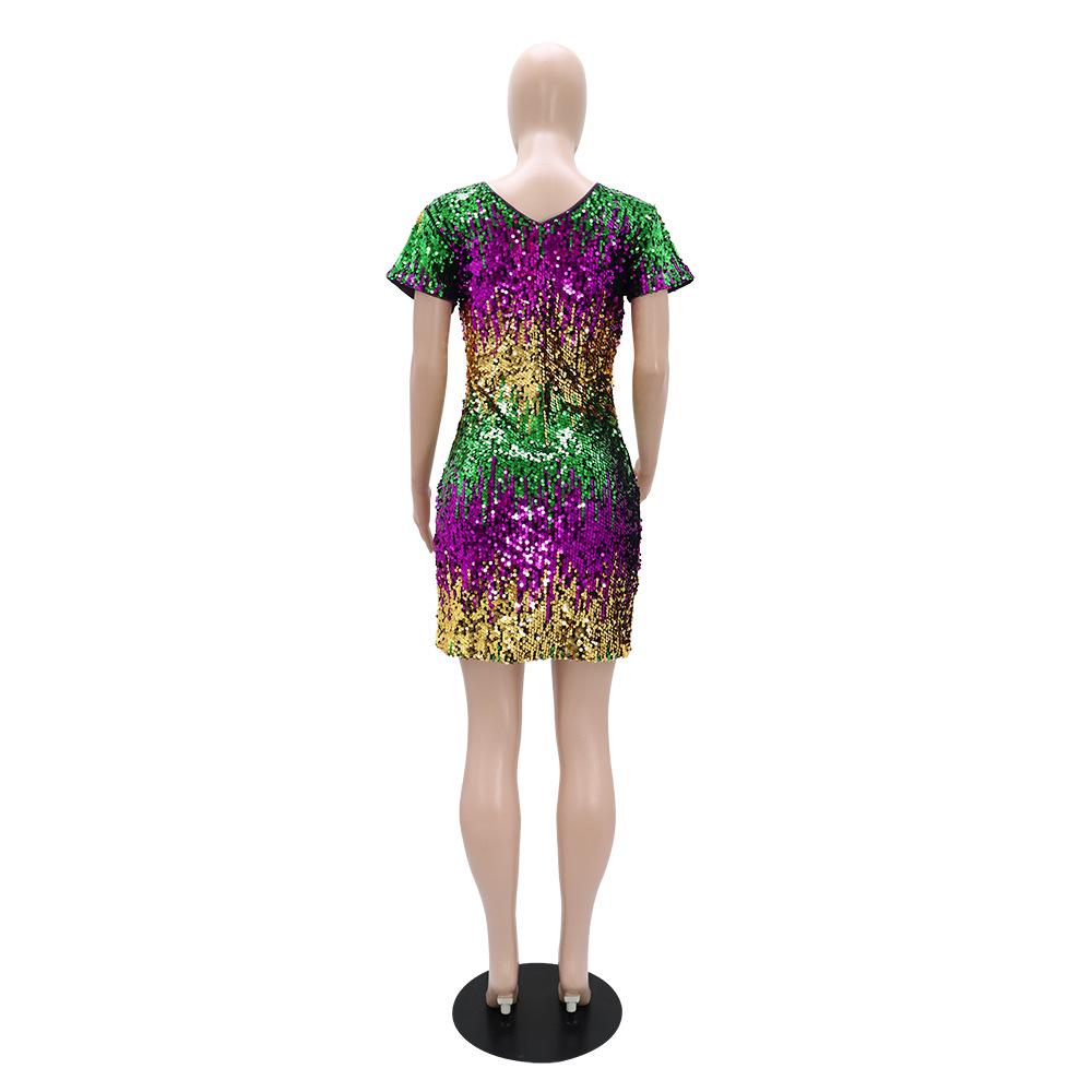 10542 European & American Gradient Sequin V-neck Backless Mini Party Dress